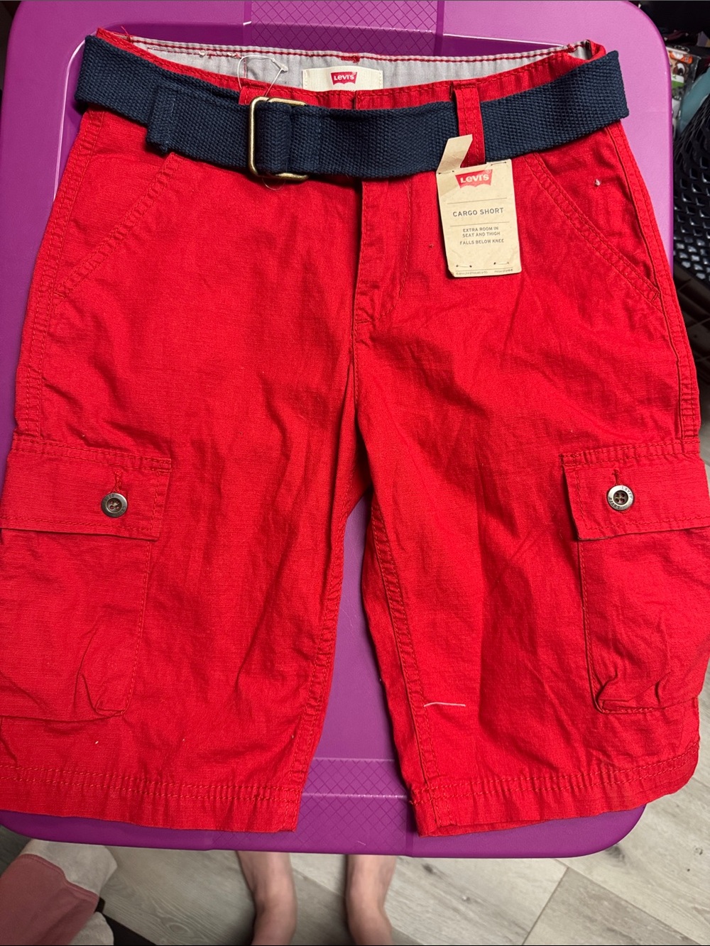 Levi's Men's Bright Red Cargo Shorts with Navy Belt